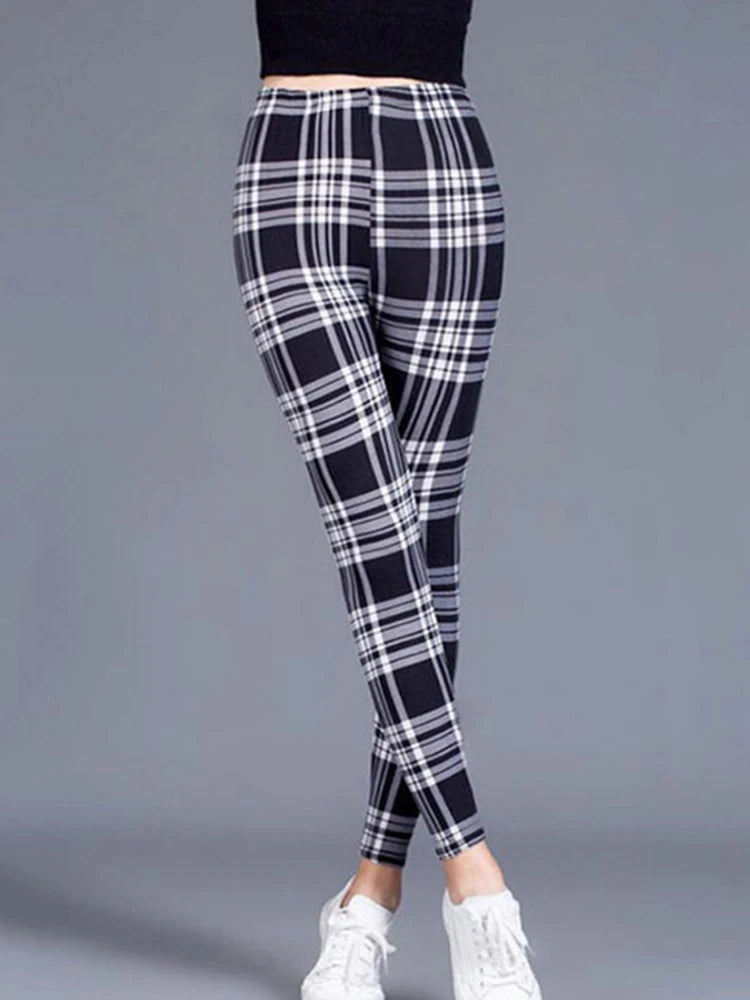 CUHAKCI Fashion Plaid Printing Leggings Women Sexy Fitness Leggins Grid Floral Stripe Trousers High Waist Pencil Pants