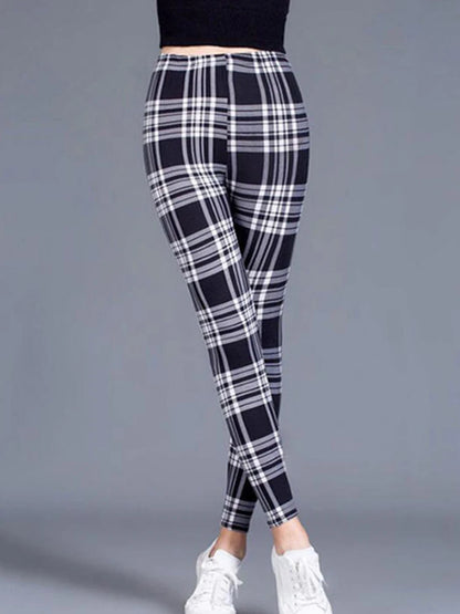 CUHAKCI Fashion Plaid Printing Leggings Women Sexy Fitness Leggins Grid Floral Stripe Trousers High Waist Pencil Pants