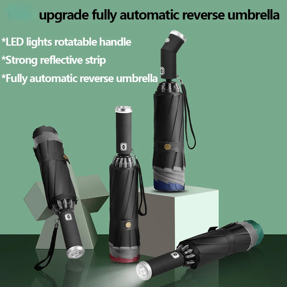 Fully Automatic Sun Protection Umbrella Folding Waterproof Umbrella with LED Flashlight UV Sunshade Rainproof Wind Resistance