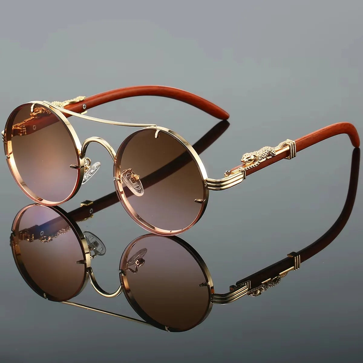 Vintage Round Double Bridge Sunglasses – Gold Frame & Wood Grain Temples with Dragon Carving, UV400 Gradient Lens, Steampunk Sty