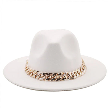women fedoras golden chain fedora hat women men wide brim solid color jazz top hat autumn winter new Panama hat gentleman hat