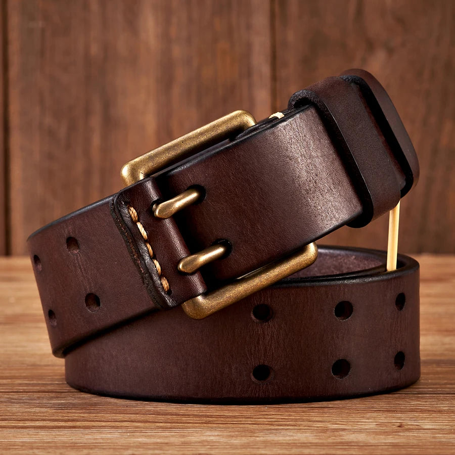 3.8cm Wide Vintage Men's Belt Cowhide Genuine Leather Belt Copper Double Needle Buckle Handmade Jeans Belt Fashion Male Strap
