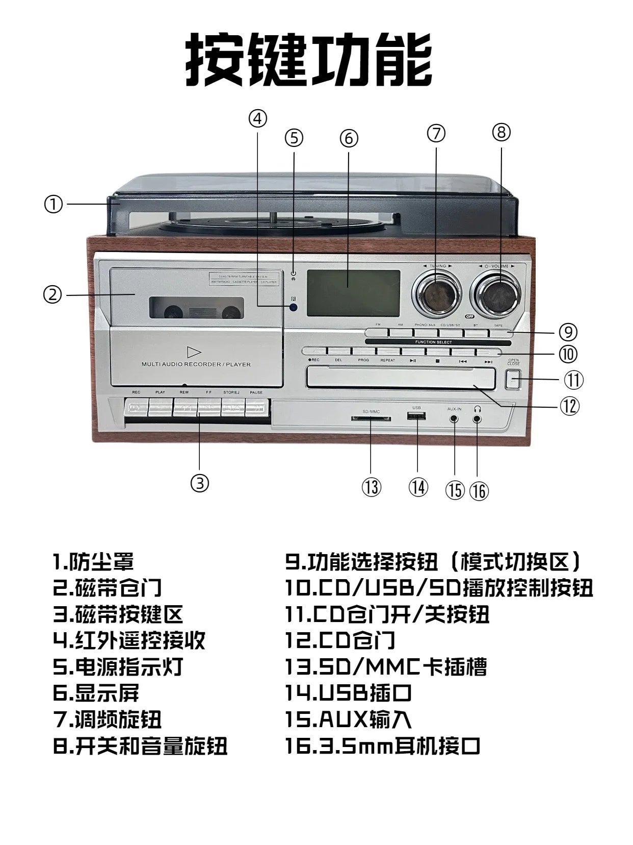 Classic Retro Multifunction 10-in-1 Gramophone Vinyl Record CD Player Tape Radio Speaker Gramophone
