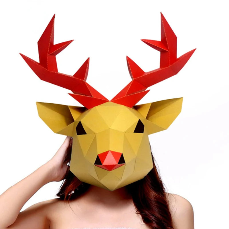 3D Paper Mold Elk Deer Head Mask Headgear Animal Model Halloween Cosplay Props Woman Men Party Role Play DIY Craft Masks