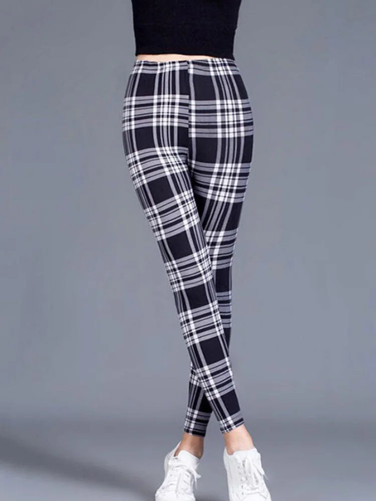 CUHAKCI Fashion Plaid Printing Leggings Women Sexy Fitness Leggins Grid Floral Stripe Trousers High Waist Pencil Pants