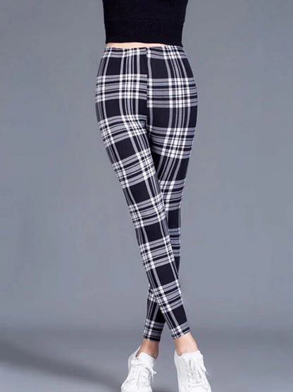CUHAKCI Fashion Plaid Printing Leggings Women Sexy Fitness Leggins Grid Floral Stripe Trousers High Waist Pencil Pants