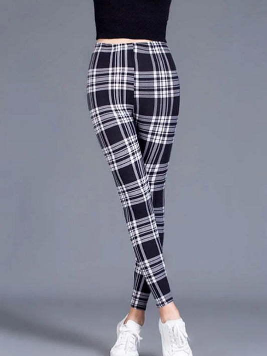 CUHAKCI Fashion Plaid Printing Leggings Women Sexy Fitness Leggins Grid Floral Stripe Trousers High Waist Pencil Pants
