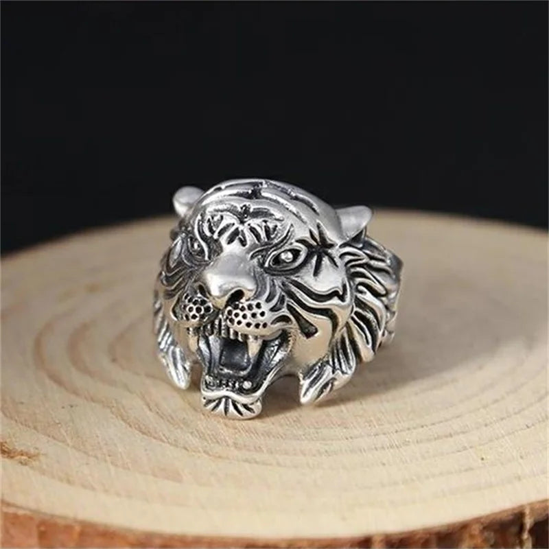 Personality Retro Silver 925 Ring For Men Finger Accessories Exquisite Carving Tiger Head Ring Domineering Male Jewelry