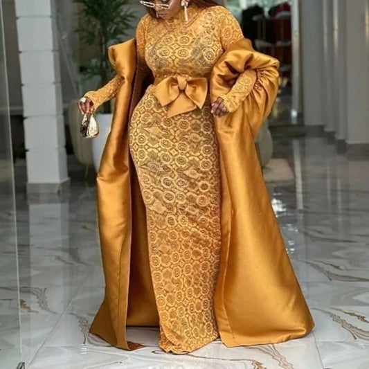 Elegant African Two Pieces Set Inside Bodycon Lace Dresses Sheer Bow Belt Kaftan Boubou Gowns Shiny Robe Weddings Event Occasion