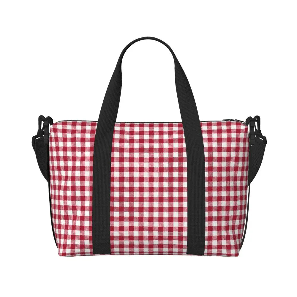 Custom Popular Tartan Plaid Beach Tote Bag for Women Extra Large Gym Carry On Geometric Gingham Check Texture Shopping Bags