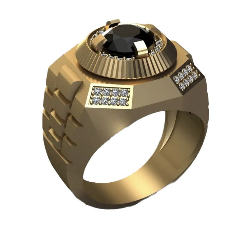 Fashion Men Gold Color Round Men Rings Luxury Black Stones Wedding Party Bridal Ring Jewelry