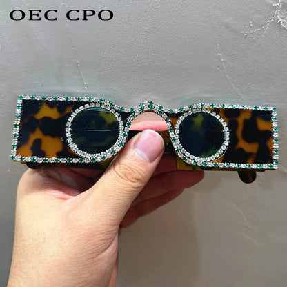 Unique Hand Diamond Square Women Sunglasses Luxury Rhinestone Small Round Lens Shades Female New Wide Legs Sun Glasses Men UV400
