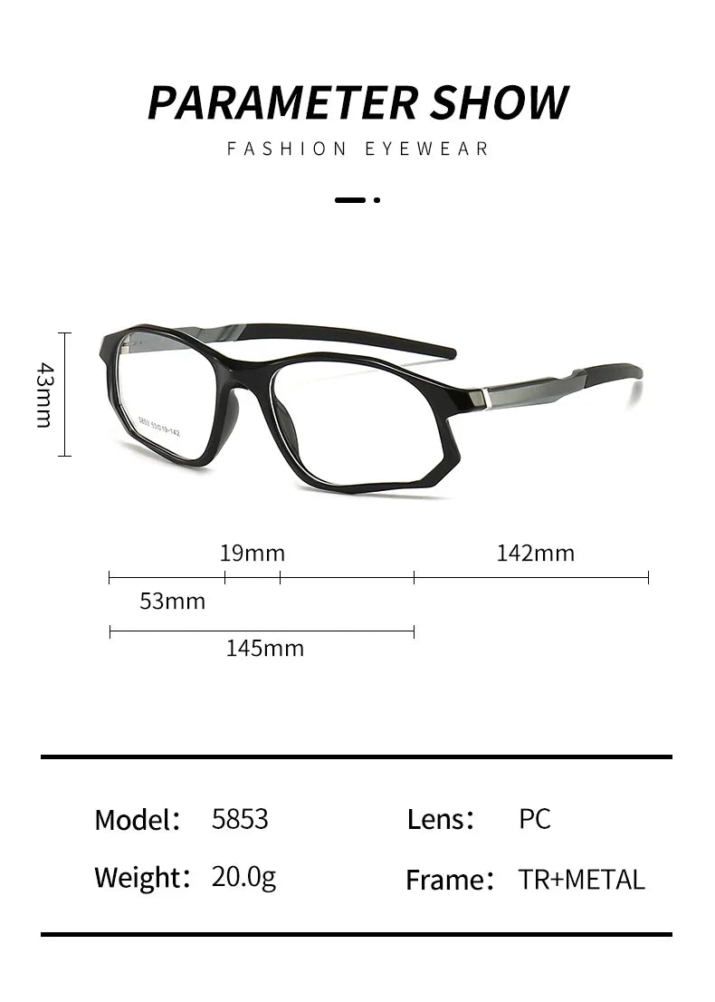 YIMARUILI New Fashion Sports Glasses Men and Women TR90 Spring Leg Design Big Face Optical Prescription Eyeglasses frame 5853