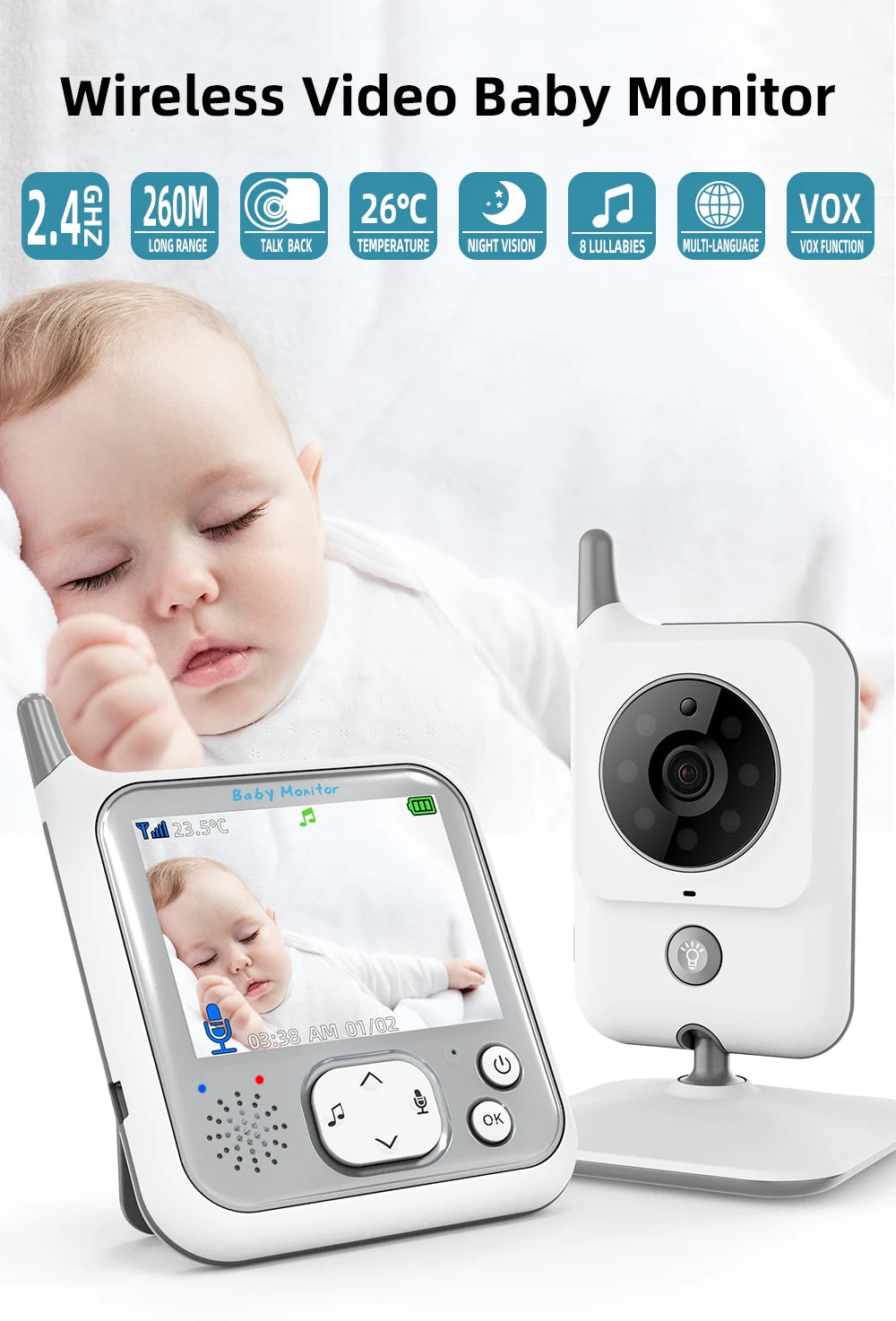 TakTark Video Baby Monitor 3.2 Inch / 2.8 Inch Wireless Security Camera Auto Night Vision Intercom Temperature Monitoring Nanny