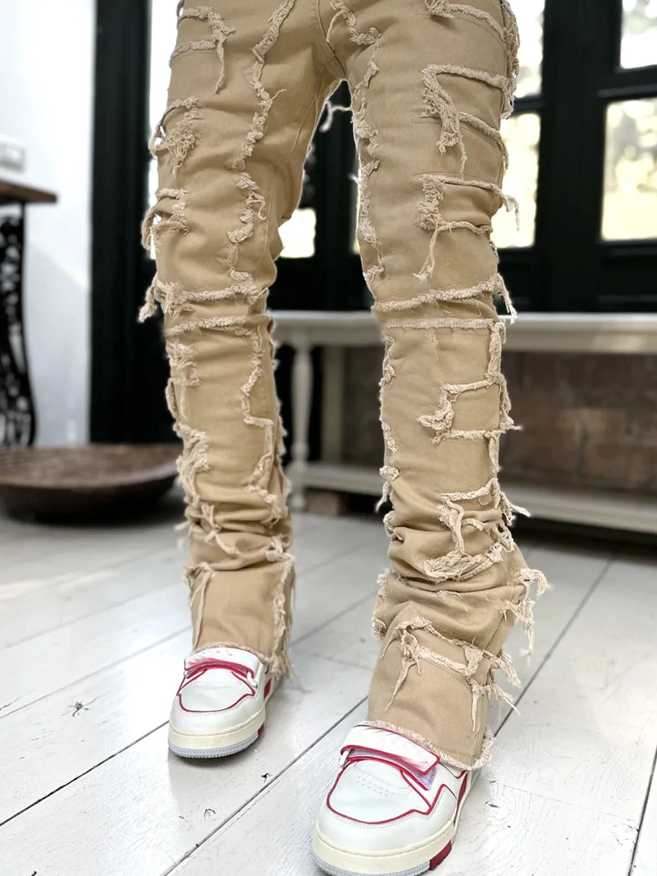 New Men's Fashion Jeans Work Pants, European and American Fashion Workwear Elastic Patchwork Denim Layered Flared Pants S-XXL
