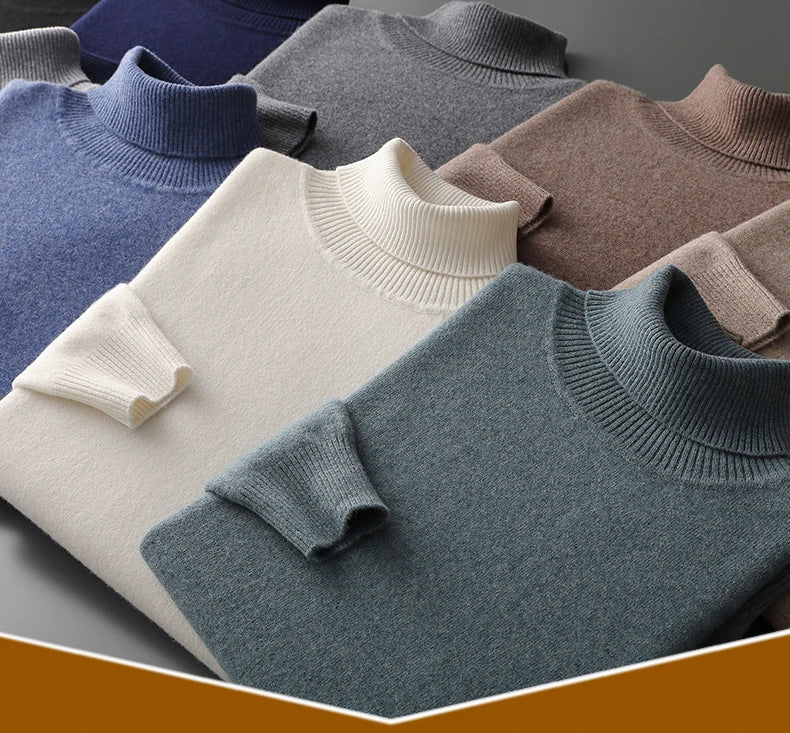 Autumn and winter new 100% pure merino wool pullover men's turtleneck cashmere sweater thickened warm  loose solid color top