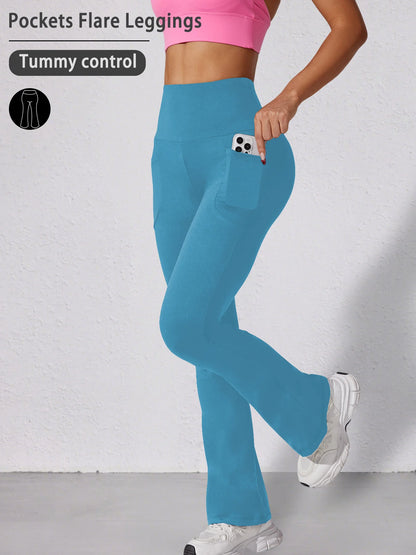 Women Flare Leggings with Pockets High Waisted Super Soft Tummy Control No See Through Yoga Running Workout Home Casual