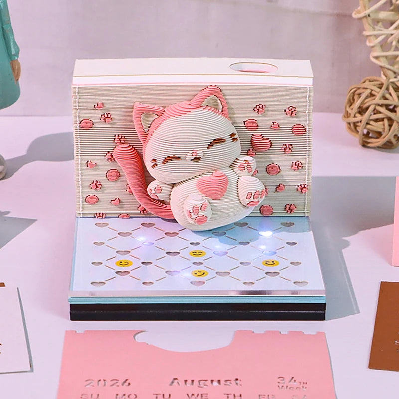 Time Piece Calendar 2026 Desk Calendar With LED Light 3D Tear-away Calendar Paper Carving Art Memo Pad Notepad Gift Christmas