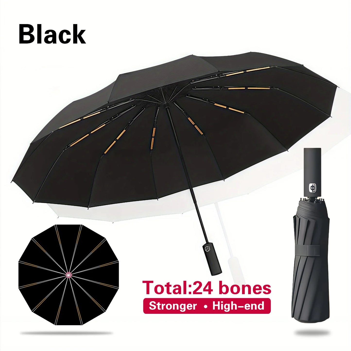 Automatic Folding Umbrella Double-Sided 24 Rib Windproof - Heavy Duty Compact Travel Umbrella for Men & Women, All-Weather Use