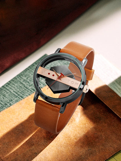 TOMI Fashionable and Minimalist Men's Leather Watch Strap Personalized Hollow Perspective Glass Bottom Cover Quartz Watch