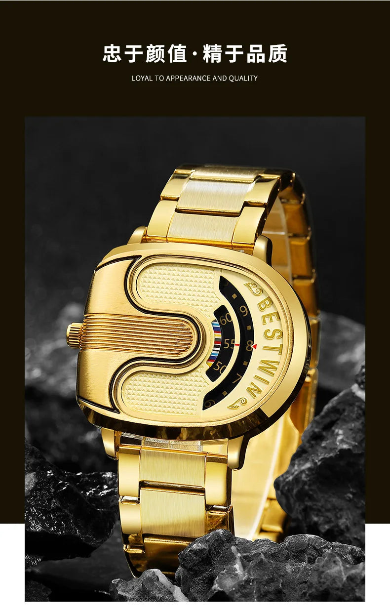 Gold Top Brand Luxury Men Watches Unique Design Stainless Steel Band Golden Dropship relogio masculino High Quality Male