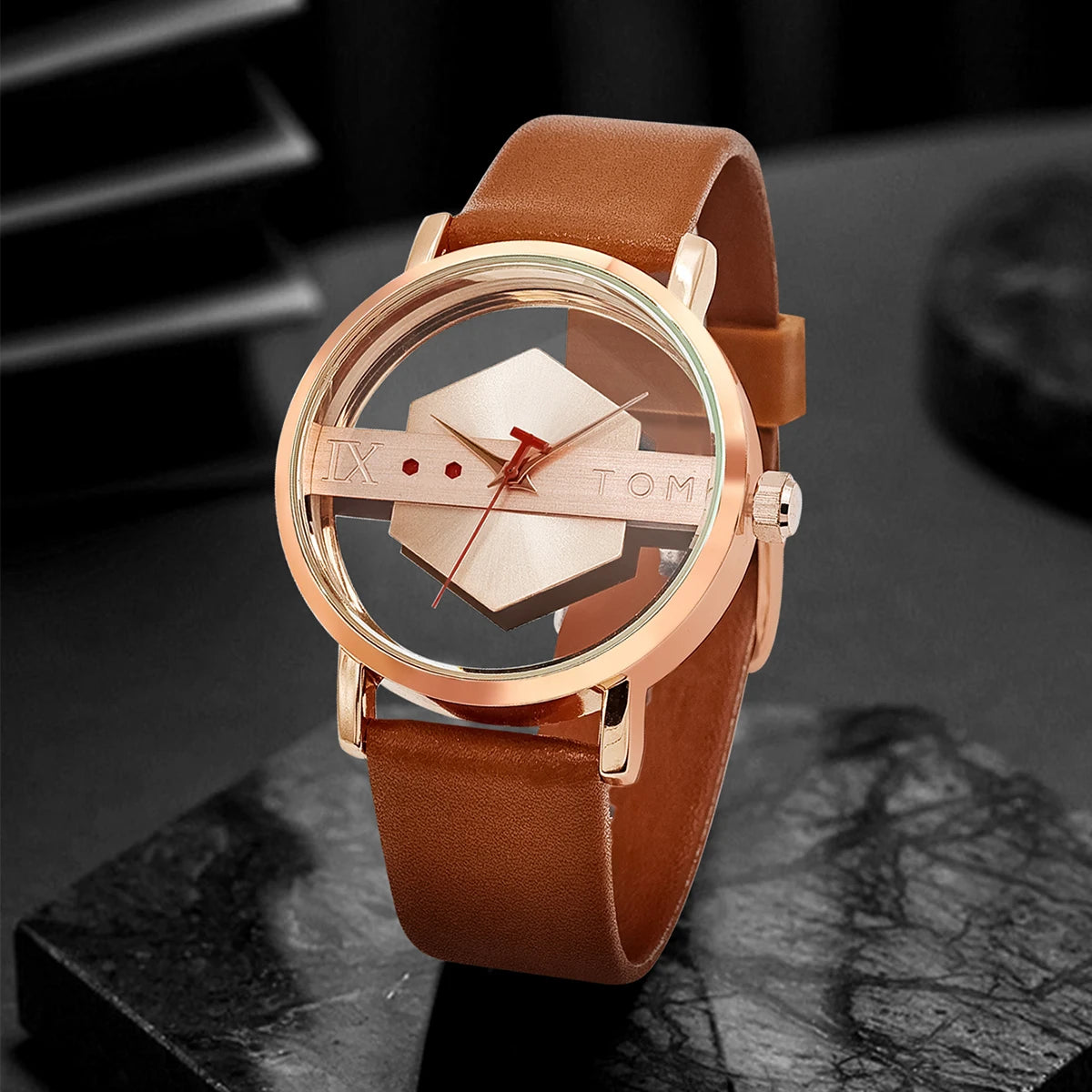 TOMI Fashionable and Minimalist Men's Leather Watch Strap Personalized Hollow Perspective Glass Bottom Cover Quartz Watch