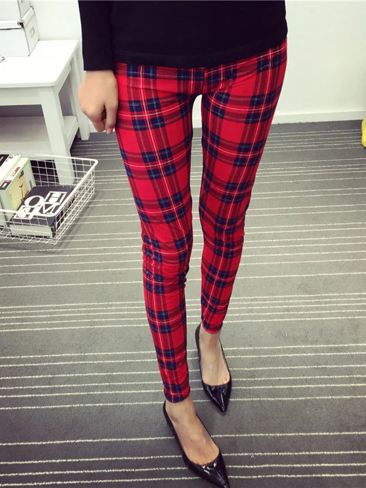 CUHAKCI Fashion Plaid Printing Leggings Women Sexy Fitness Leggins Grid Floral Stripe Trousers High Waist Pencil Pants