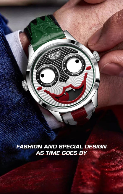 LIGE Creative Joker Watch Men Clown Men's Watches Fashion Leather Strap Waterproof Quartz Wristwatches Moon Phase Clock+BOX