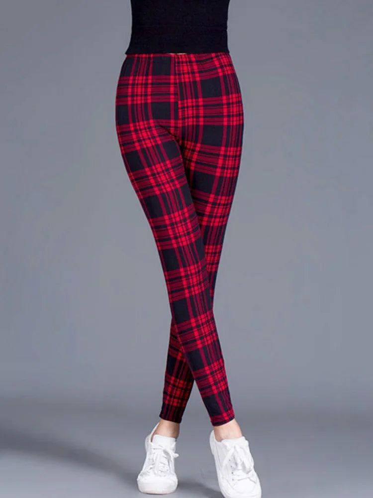 CUHAKCI Fashion Plaid Printing Leggings Women Sexy Fitness Leggins Grid Floral Stripe Trousers High Waist Pencil Pants