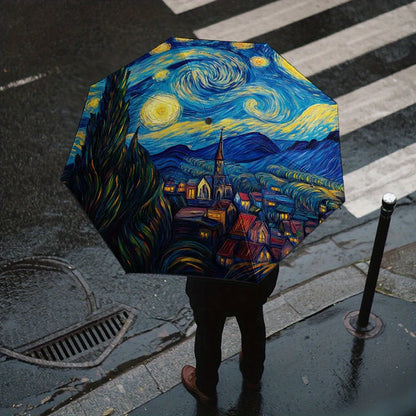 1pc Starry Night Glow Print Umbrella - Van Gogh-Inspired Automatic Open/Close Compact Folding Umbrella with 8-Rib Durable Fram