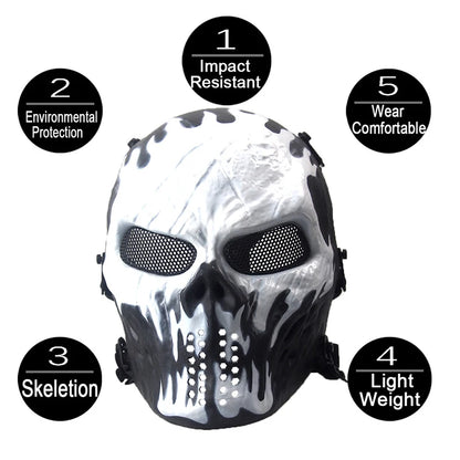 REikirc Full Face Airsoft Tactical Skull Mask with Ear Protection CS Halloween Cosplay Masks