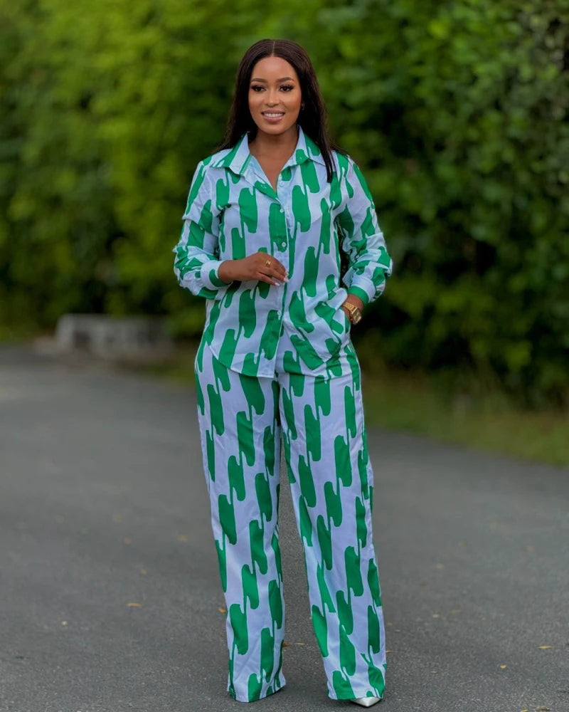 African Fashion Stripe Printed Two Piece Set Women Spring Autumn Casual Button Long Sleeved Shirt Wide Leg Pants Set