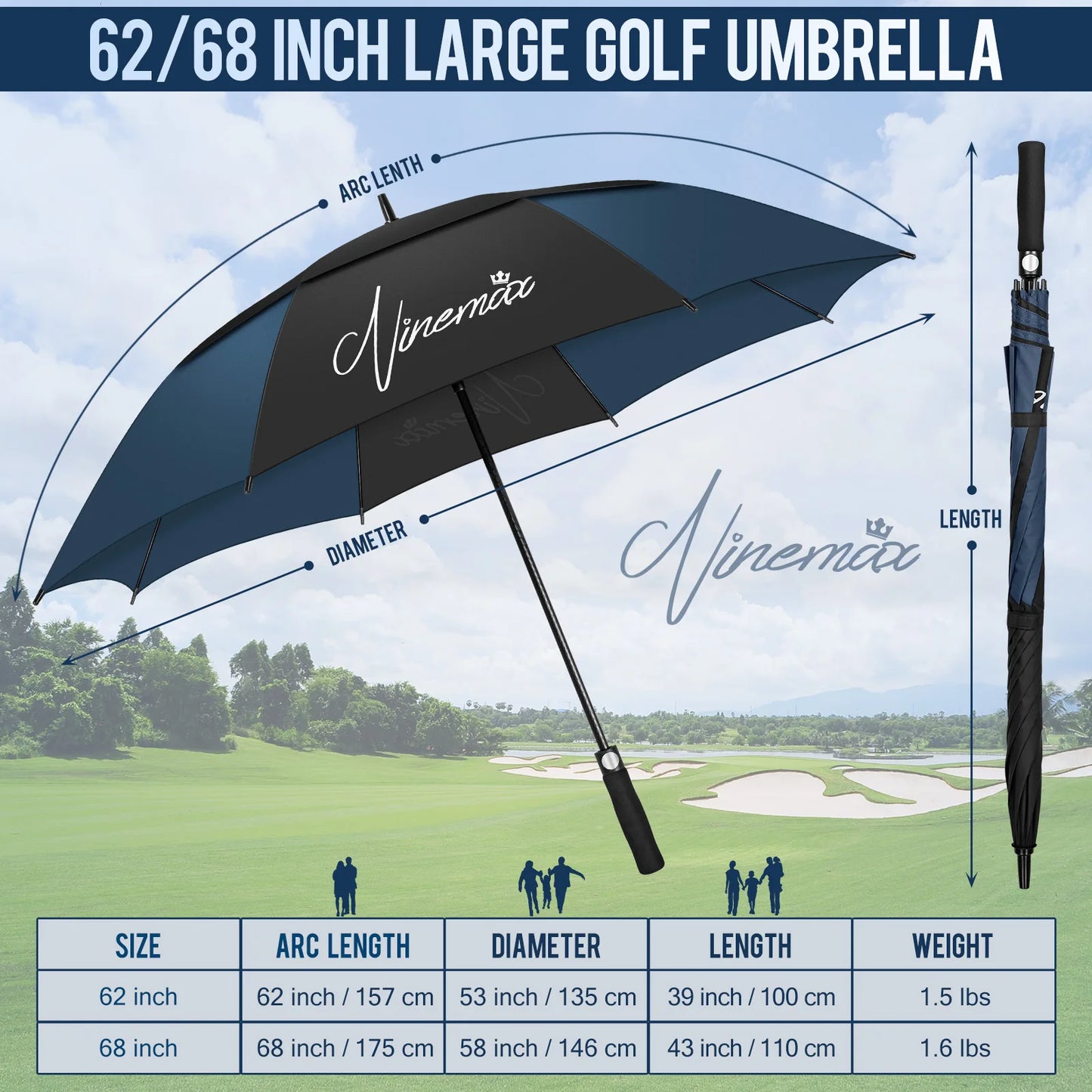 Automatic Open Extra Large Golf Umbrella 157 cm Double Canopy Sun Protection Ultra Rain & Wind Resistant Stick Umbrellas