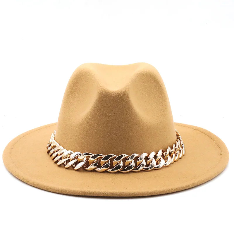 women fedoras golden chain fedora hat women men wide brim solid color jazz top hat autumn winter new Panama hat gentleman hat