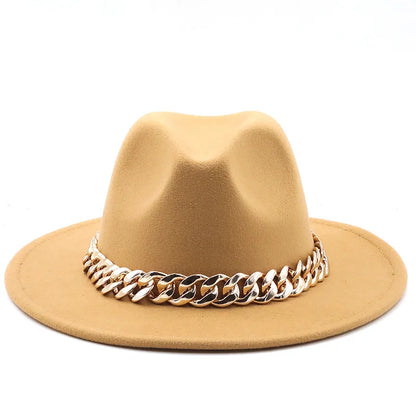 women fedoras golden chain fedora hat women men wide brim solid color jazz top hat autumn winter new Panama hat gentleman hat