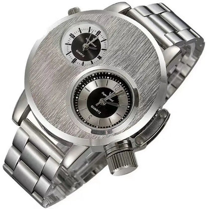 Luxury Men's Watches Punk Style Quartz Watch Dual Dial Business Men Wristwatch Stainless Steel Strap Waterproof Military Watch
