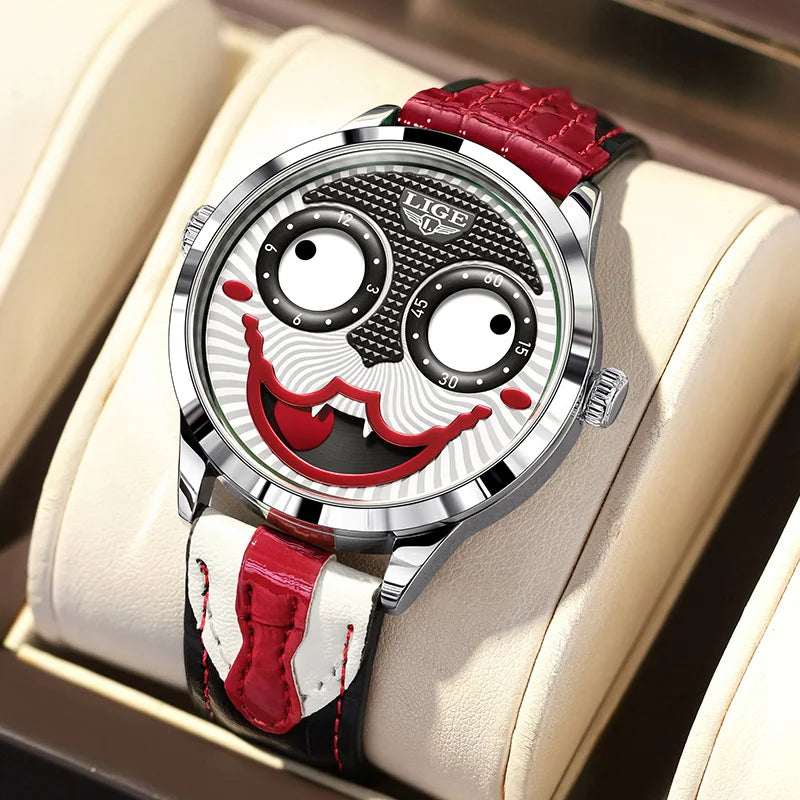 LIGE Creative Joker Watch Men Clown Men's Watches Fashion Leather Strap Waterproof Quartz Wristwatches Moon Phase Clock+BOX