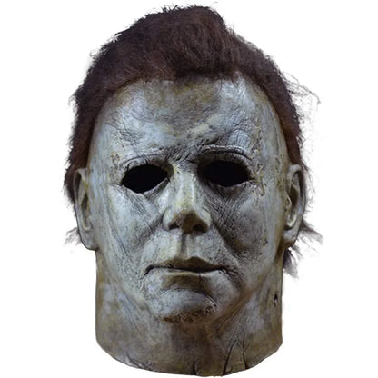 Halloween Michael Myers Mask Scary Killer Full Head Mask Creepy Fire Burn Scar Latex Face Mask Cosplay Costume Party Props Knife