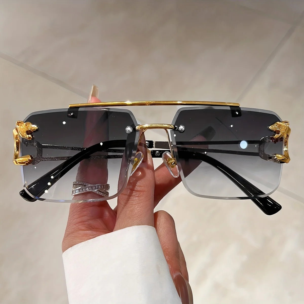 Fashion Rimless Square Double Bridge Sun Glasses Vintage Women Men Sunglasses