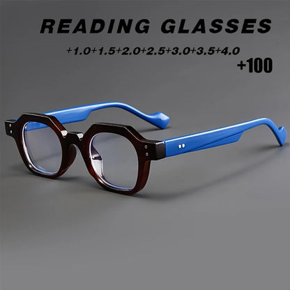 Retro-style polygonal tea-blue tortoiseshell glasses, PC frame, high-definition lenses, unisex reading glasses
