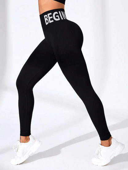 European and American Seamless Yoga Leggings with Waistband Lettering, Butt-Lifting, Quick-Dry Women's Breathable Tights for Pea