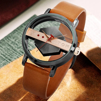 Unique Creative Half Transparent Unisex Watch clock For Men Women Couple Geek Stylish Leather Wrist watches Fashion Quartz watch