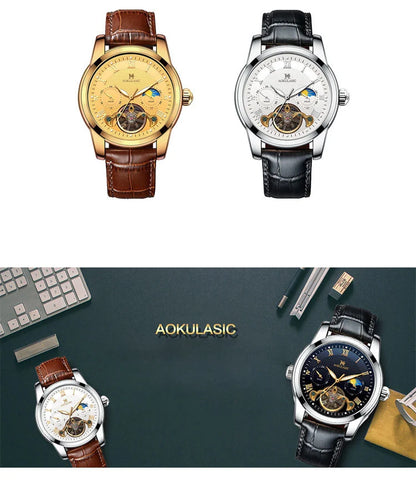 AOKULASIC luxury Mens Mechanical Watch Fashion Sports Waterproof Automatic Watches Man Moon Phase Tourbillon Luminous Wristwatch