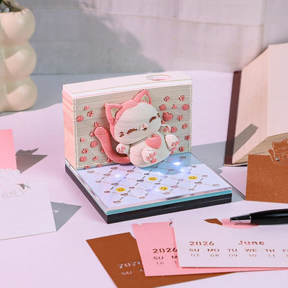 Time Piece Calendar 2026 Desk Calendar With LED Light 3D Tear-away Calendar Paper Carving Art Memo Pad Notepad Gift Christmas