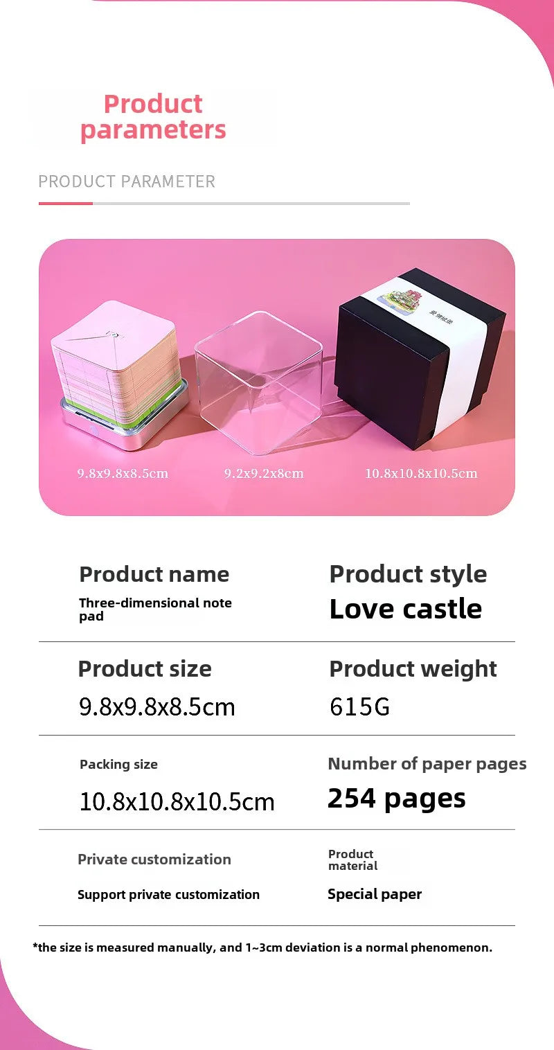 Love Castle 3D Memo Pad Paper Carving Art Calendar Fantasy Castle Notepad 3D Paper Card Decor New Year Valentine's Day Gift Box