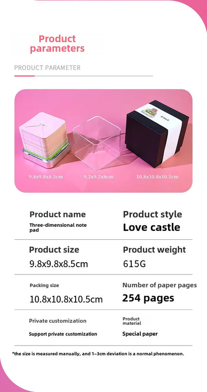 Love Castle 3D Memo Pad Paper Carving Art Calendar Fantasy Castle Notepad 3D Paper Card Decor New Year Valentine's Day Gift Box