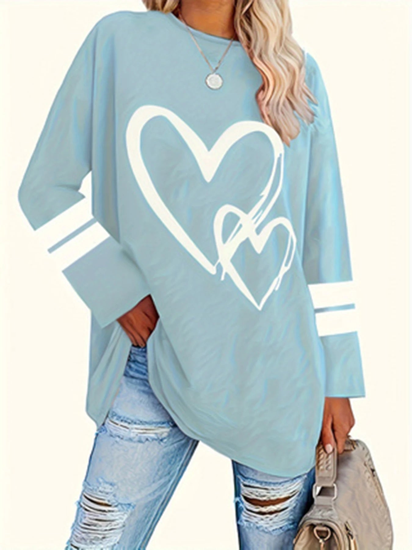 Plus Size eyelet hollow solid  heart-shaped printed long-sleeved top autumn and winter women's casual T-shirt with light stretch