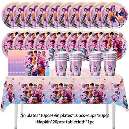 Kpop Birthday Party Decoration Tableware Set Birthday Party Supplies Balloons Cake Topper Hanging Flag Cups K-pop Party Decor