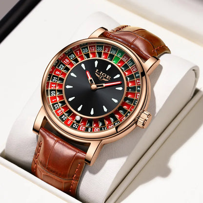 LIGE Creative Golden Mens Watches Roulette Game Dial Fashion Man Watch Waterproof Luminous Quartz Wristwatches Rolling Ball+Box