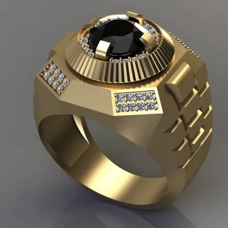 Fashion Men Gold Color Round Men Rings Luxury Black Stones Wedding Party Bridal Ring Jewelry